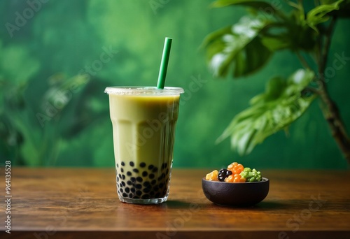 Bubble Tea with Tapioca Pearls and Colorful Fruit Tassels on Green Background