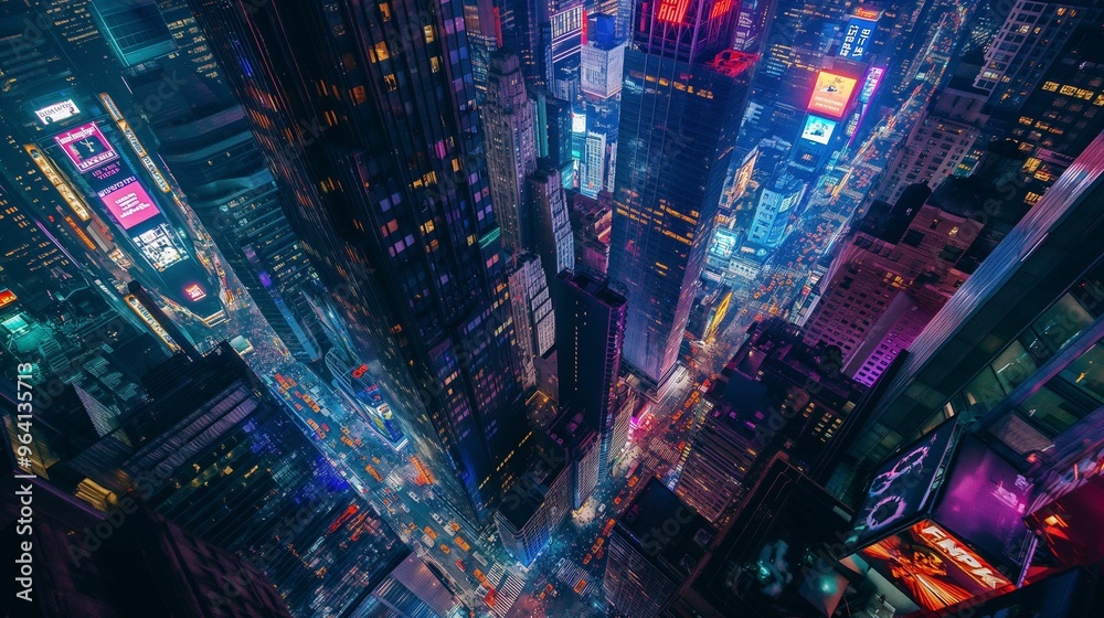 Aerial view of a cityscape at night with bright neon lights and skyscrapers. Aerial view of a cityscape at night with bright neon lights and skyscrapers.