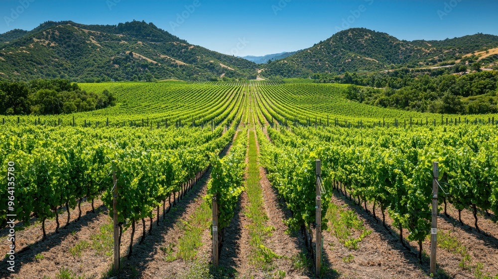 Serene Vineyard Landscape with Lush Grapevines under Clear Sky Serene Vineyard Landscape with Lush Grapevines under Clear Sky