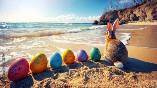 A rabbit sits on a sandy beach next to a row of colorful Easter eggs, gazing at the waves and the scenic coastline. The sky is clear, and the sunlight casts a warm glow over the serene landscape.AI ge photo