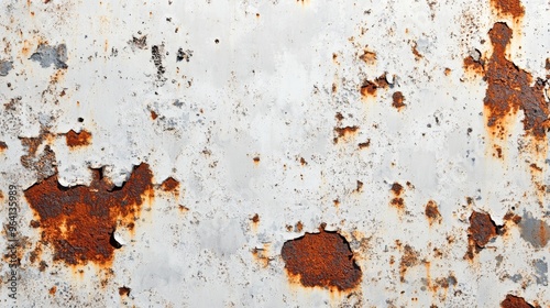 A close-up of a rusty, weathered metal surface with peeling white paint.  .
