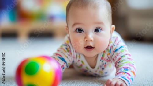 A chubby baby wearing a cute onesie with a playful pattern, reaching for a colorful toy, highlighting their adorable exploration.