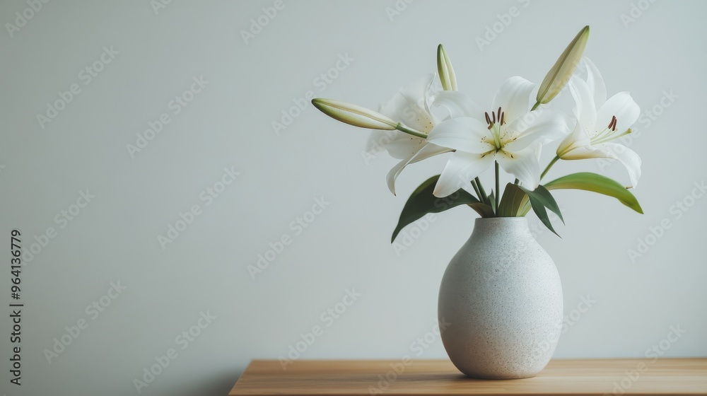 A close-up of a ceramic vase with a minimalist design, filled with white lilies, placed on a wooden table against a plain white wall, symbolizing elegance and simplicity. A close-up of a ceramic vase with a minimalist design, filled with white lilies, placed on a wooden table against a plain white wall, symbolizing elegance and simplicity.