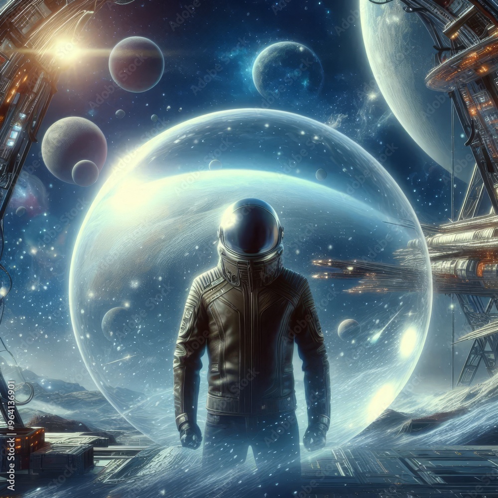 A futuristic astronaut stands confidently in a high-tech space station, surrounded by planets and cosmic elements. The scene evokes themes of space exploration, adventure, and the vastness of the A futuristic astronaut stands confidently in a high-tech space station, surrounded by planets and cosmic elements. The scene evokes themes of space exploration, adventure, and the vastness of the