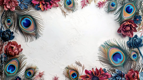 Multicolored peacock bird feathers, on white background, empty space in the center