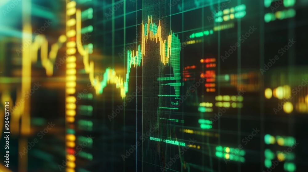 A close-up of a digital display showing a gold price chart with green and red indicators, emphasizing trends and market movements. A close-up of a digital display showing a gold price chart with green and red indicators, emphasizing trends and market movements.