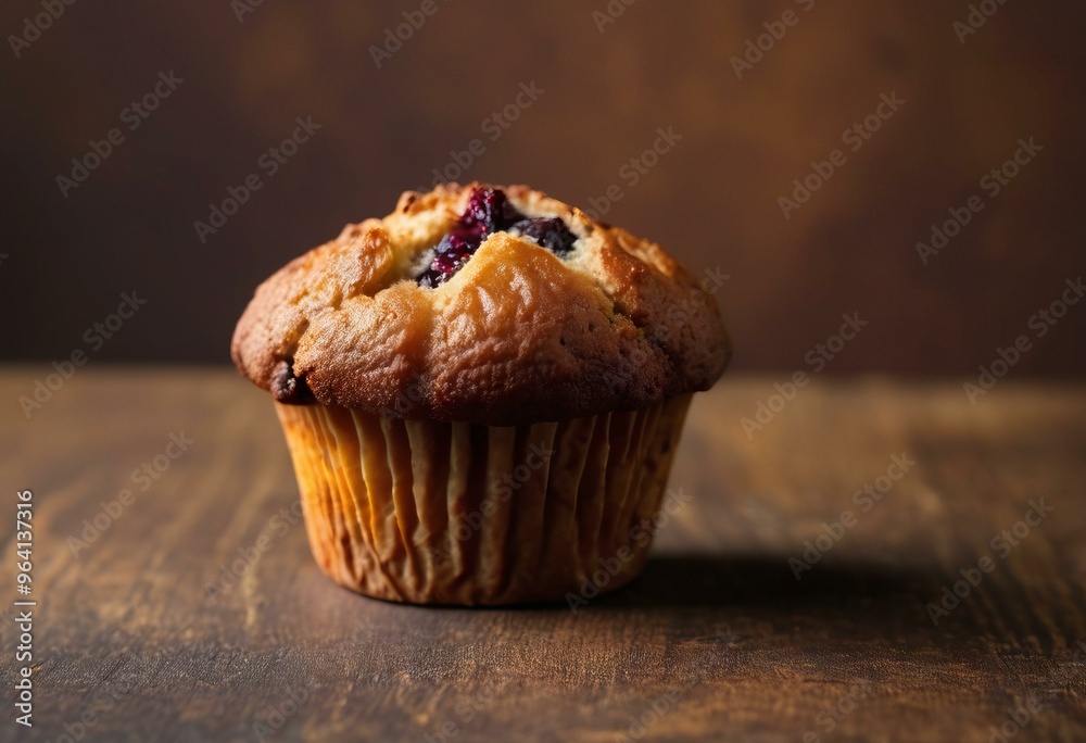 Berry-Filled Muffin with Golden-Brown Crust on Rustic Wooden Surface, Dark Brown Background