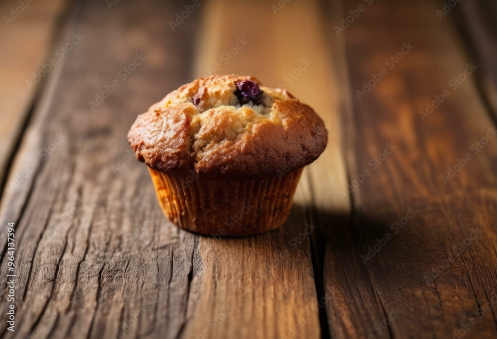 Golden-Brown Muffin with Blueberry Chunks on Rustic Wooden Surface, Shallow Depth of Field Golden-Brown Muffin with Blueberry Chunks on Rustic Wooden Surface, Shallow Depth of Field