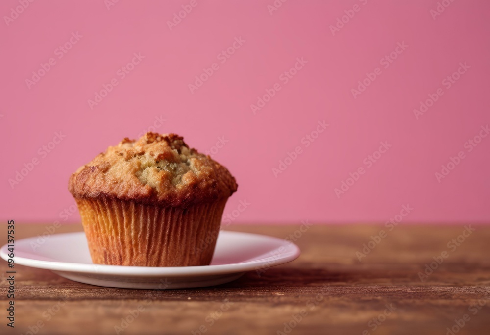 Baked Muffin on White Plate, Pink Background Baked Muffin on White Plate, Pink Background