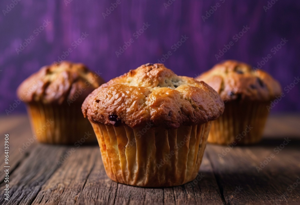 Three Golden-Brown Muffins on Rustic Wooden Surface, Vibrant Purple Background Three Golden-Brown Muffins on Rustic Wooden Surface, Vibrant Purple Background