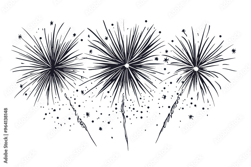 Fototapeta premium Festive fireworks display featuring three bursts of sparkling lights against a dark sky, celebrating special events or holidays ideal for design projects.