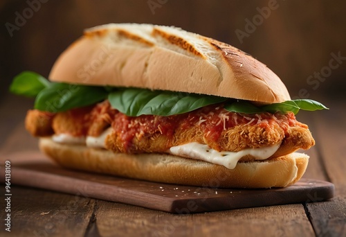 Chicken Parmesan Sandwich on Wooden Board, Rustic Background