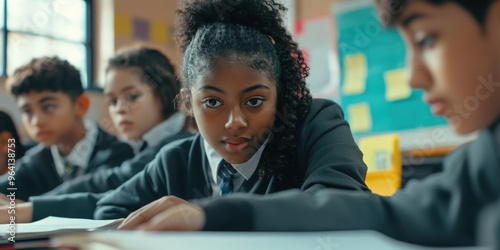 Teacher helping a student in class. They are in a classroom, everyone is wearing a school uniform. They are working at a desk. They are other ethnic backgrounds in shot