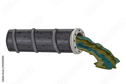 Wastewater and sewer pipe. Dirty water flowing from tube. Industrial pipe releases toxic waste. Industrial drain.Ecological disaster, dirty toxic effluents, environmental pollution.Vector illustration