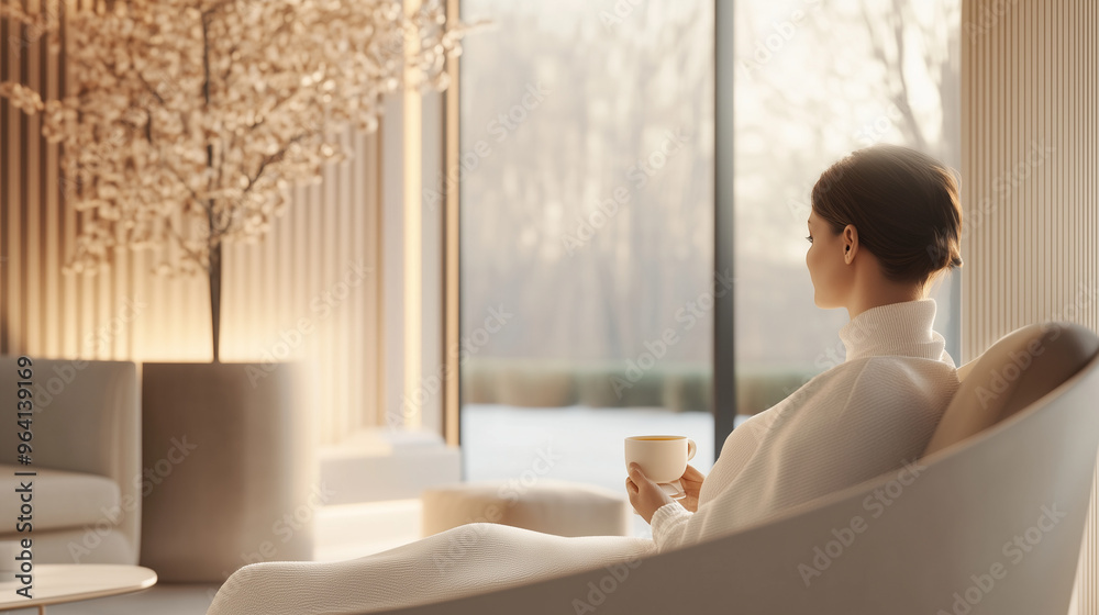 Woman relaxing in a cozy modern interior with a warm cup of coffee, enjoying the serene view through large windows Woman relaxing in a cozy modern interior with a warm cup of coffee, enjoying the serene view through large windows
