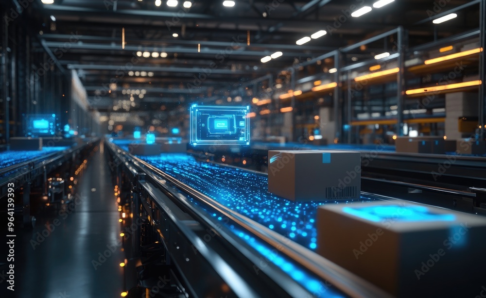 Fototapeta premium Automated Package Sorting System with Blue Lights.