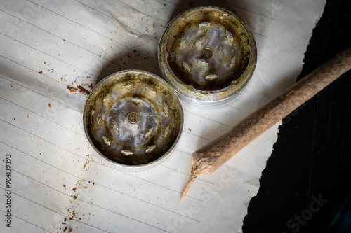 Legalization cannabis reform 420. Joint with dried cannabis leaves paper and metal marijuana grinder on wooden black table photo