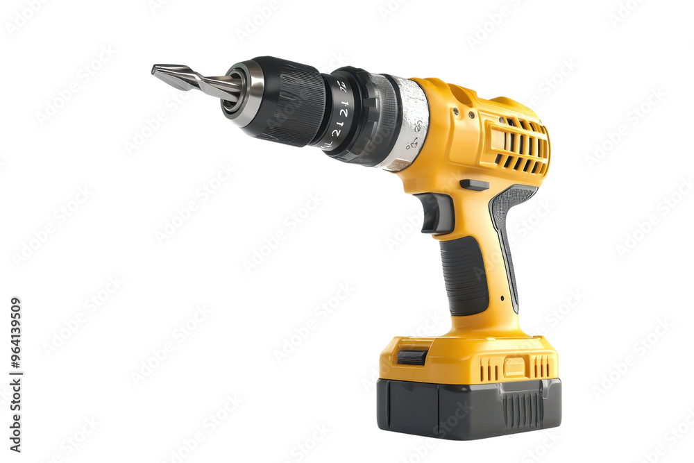High-quality yellow cordless power drill, ideal for home improvement and construction projects. Isolated on transparent background. High-quality yellow cordless power drill, ideal for home improvement and construction projects. Isolated on transparent background.