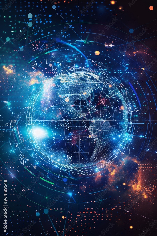 Obraz premium Illuminated earth surrounded by digital data streams representing global connectivity and technology.