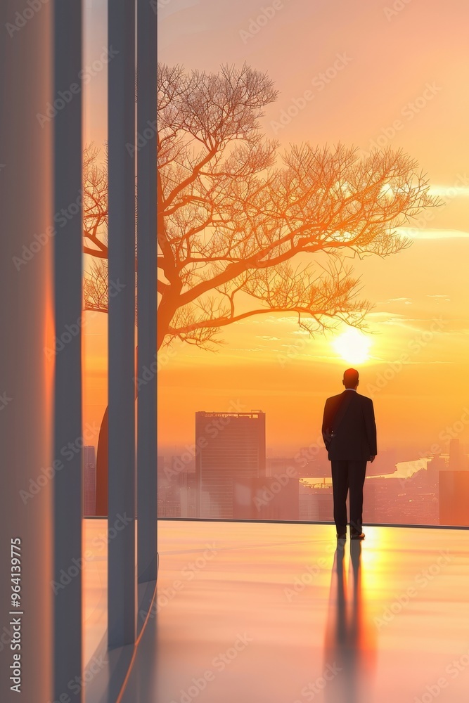 A businessman gazes at a stunning sunset from a high-rise office in the city A businessman gazes at a stunning sunset from a high-rise office in the city