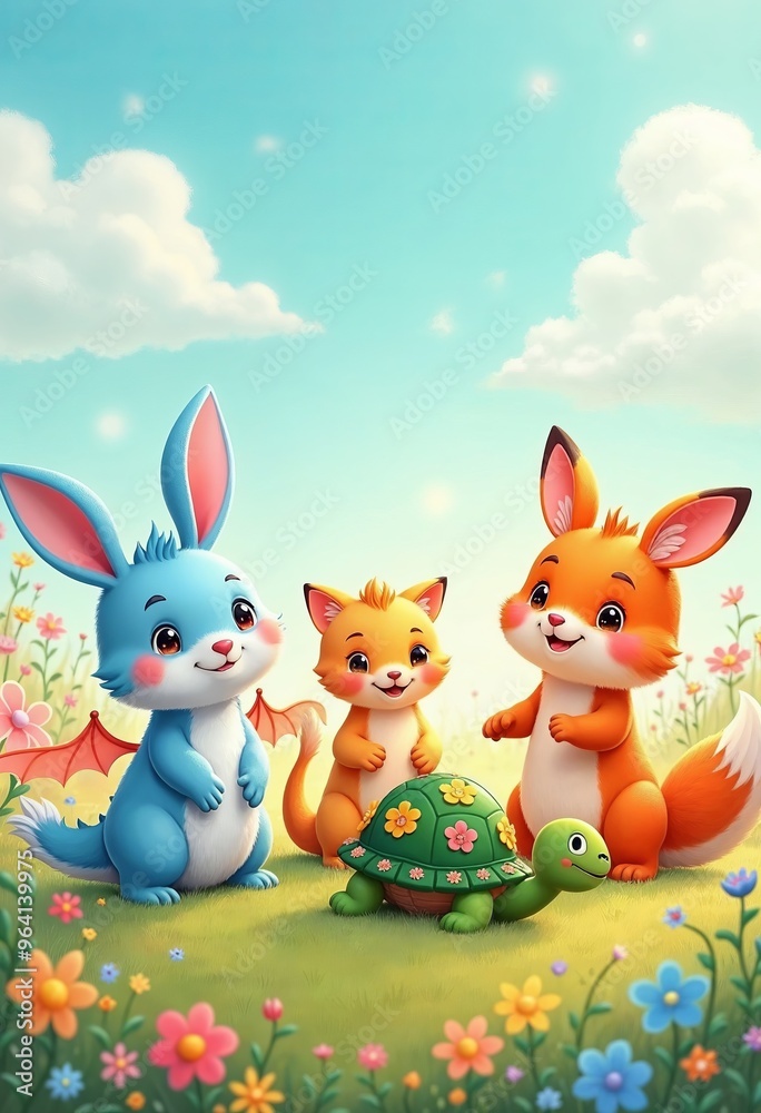 Cute cartoon bunny, fox, and turtle friends in a field of flowers. Cute cartoon bunny, fox, and turtle friends in a field of flowers.