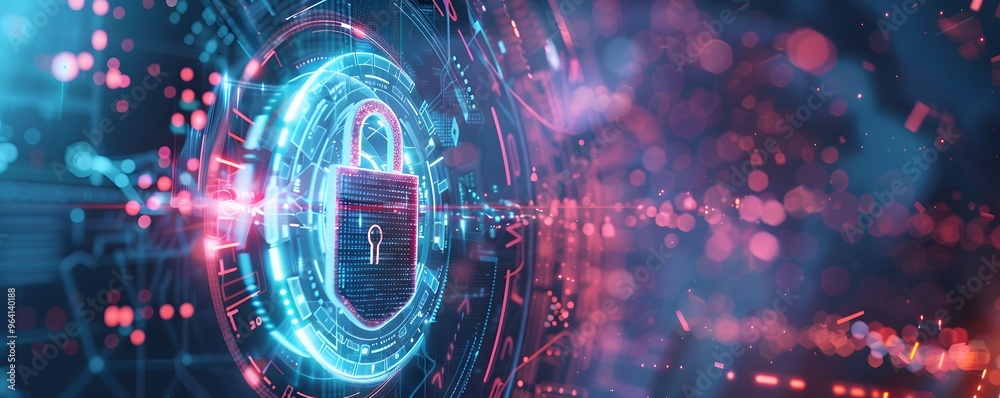 Fototapeta premium Digital Cyber Security Lock with Neon Lights and Bokeh Effect