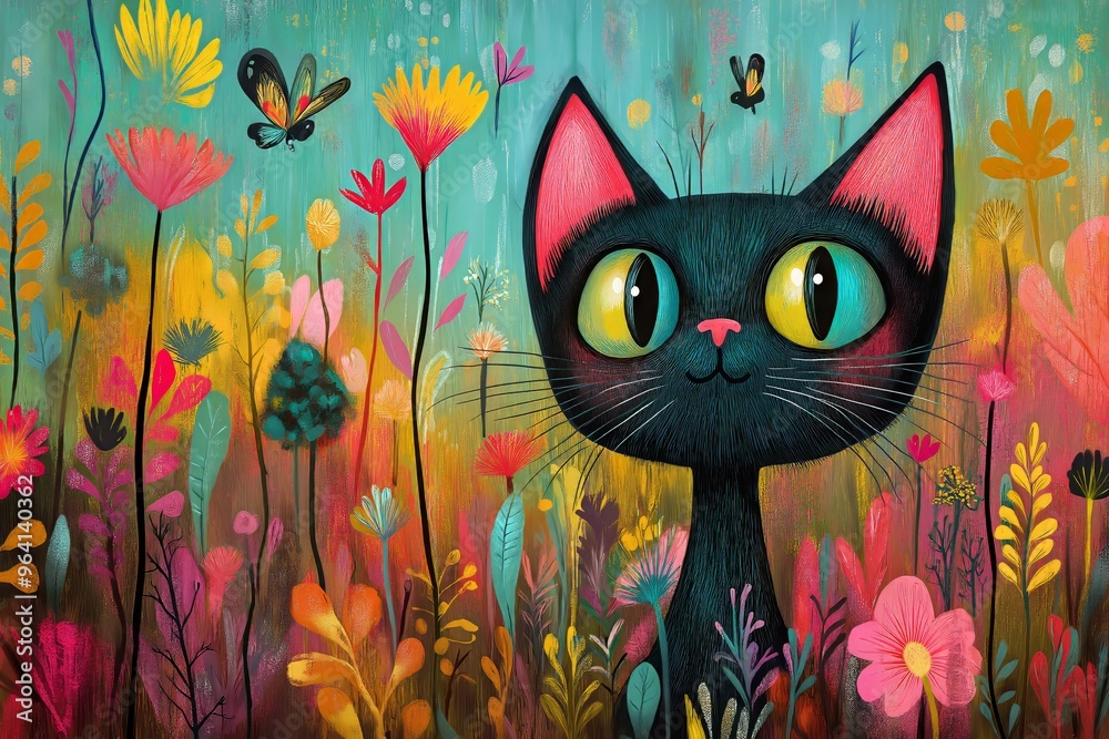 A black cat with bright green eyes looks up from a field of colorful flowers. A black cat with bright green eyes looks up from a field of colorful flowers.