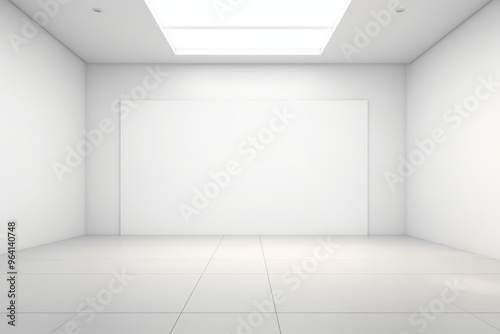 Wallpaper Mural Blank white wall mockup in sunny modern empty gallery, 3d rendering. Clear big stand mock up in museum with contemporary art exhibitions. Large hall interior with wide banner exposition template.  Torontodigital.ca