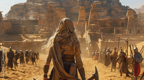 desert, a young woman with an axe and a huge sword in her hands is standing towards us, her face is covered with a mask, only her eyes are visible, a wall of people with weapons is approaching her