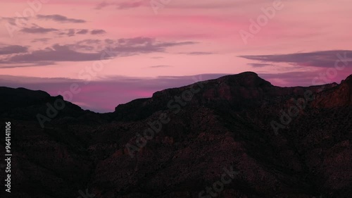 Mountains in Red Rock canyon national park USA, aerial view during a pink sunset