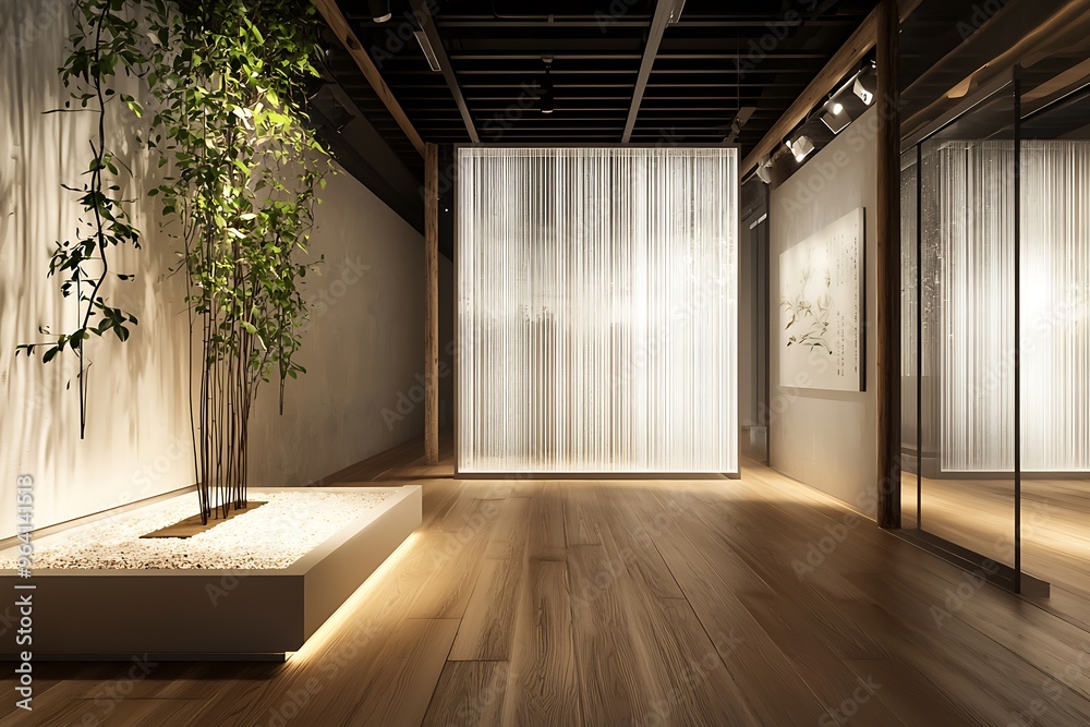 Fototapeta premium Modern Minimalist Interior with Hanging Curtains and Natural Elements