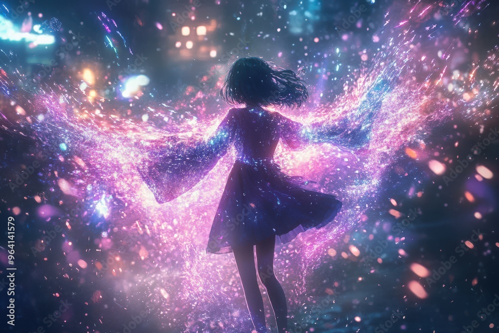 A magical girl transformation scene where a young girl in a simple outfit is enveloped by glowing light and sparkles. Her clothes are morphing into a dazzling, elaborate costume with intricate designs A magical girl transformation scene where a young girl in a simple outfit is enveloped by glowing light and sparkles. Her clothes are morphing into a dazzling, elaborate costume with intricate designs