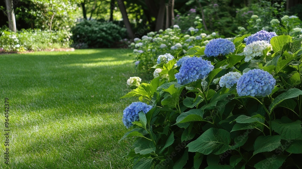 Naklejka premium summer private garden with blooming Hydrangea Annabelle