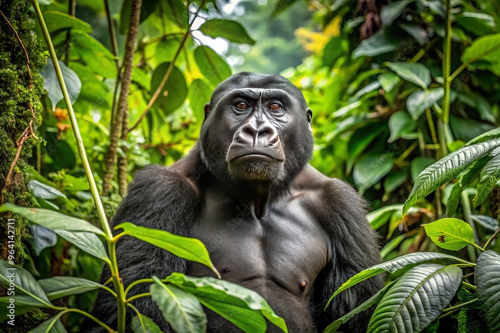 A western lowland gorilla stands on a lush jungle floor, leaves and vines tangled in its fur as it gazes upward. A western lowland gorilla stands on a lush jungle floor, leaves and vines tangled in its fur as it gazes upward.
