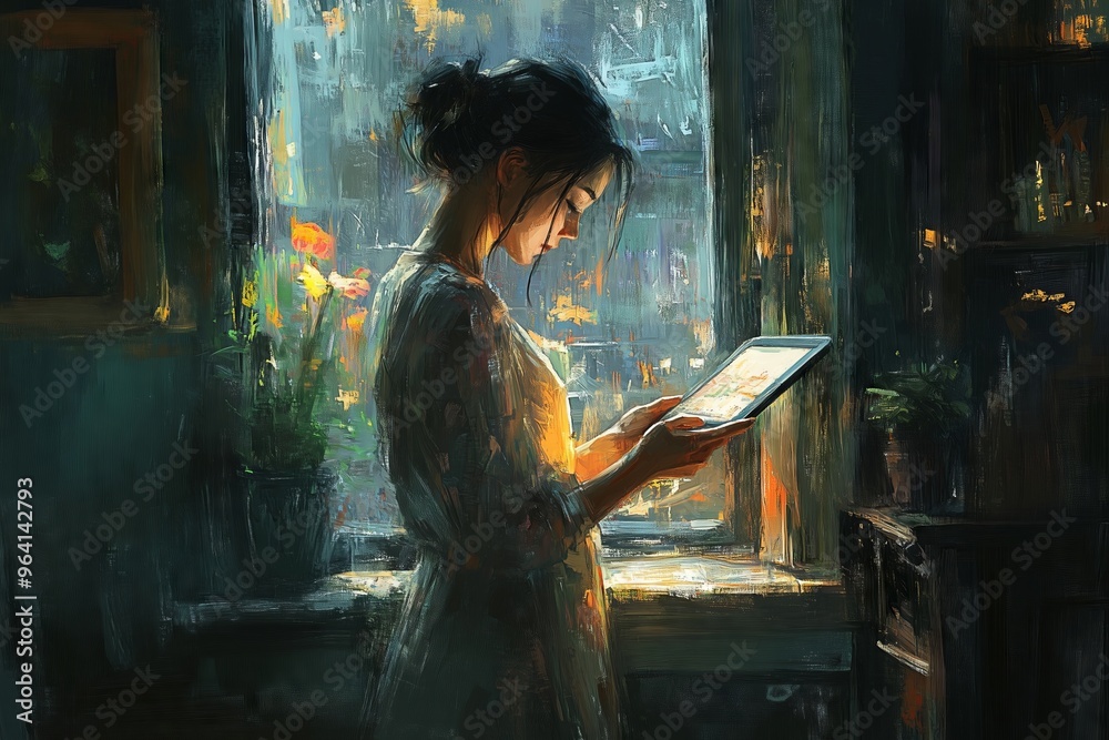 A woman stands absorbed in her tablet, illuminated by soft sunlight streaming through a window, surrounded by indoor plants and warm hues, creating a serene atmosphere. A woman stands absorbed in her tablet, illuminated by soft sunlight streaming through a window, surrounded by indoor plants and warm hues, creating a serene atmosphere.