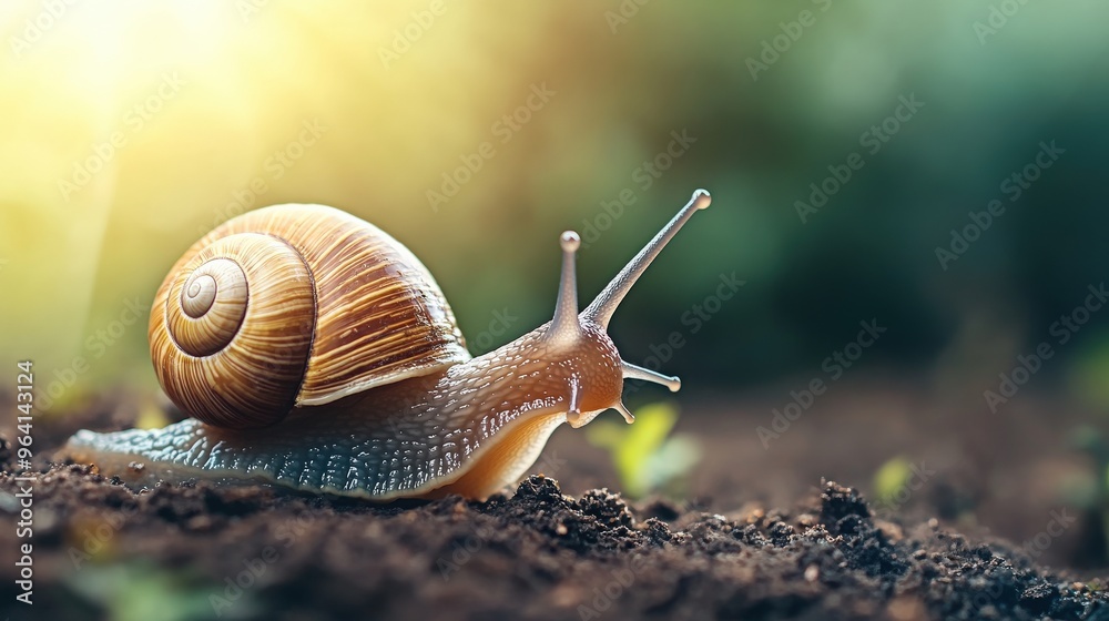 A small brown and tan snail is on soil. The snail is looking up and he is curious A small brown and tan snail is on soil. The snail is looking up and he is curious