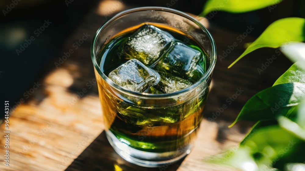 Green Iced Drink with Ice Cubes on Wooden Table in Sunlight Green Iced Drink with Ice Cubes on Wooden Table in Sunlight