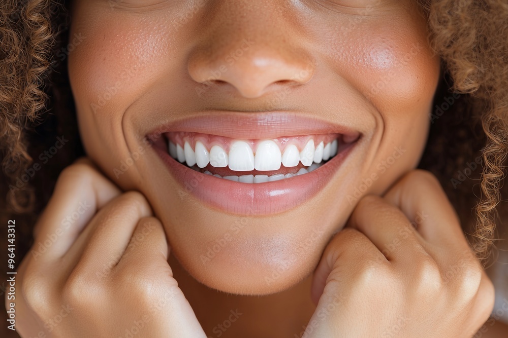 Obraz premium The woman expresses joy as she smiles, highlighting her beautiful white teeth. Her hands rest on her cheeks, and her relaxed demeanor encourages warmth and approachability.