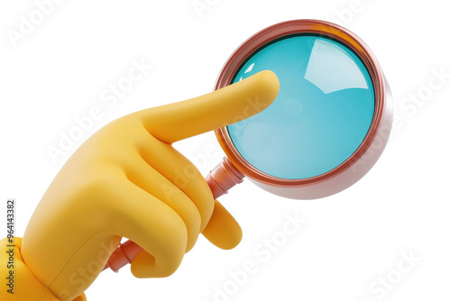 Yellow gloved hand pointing with a magnifying glass, the image signifies search, inspection, discovery, or investigation. photo