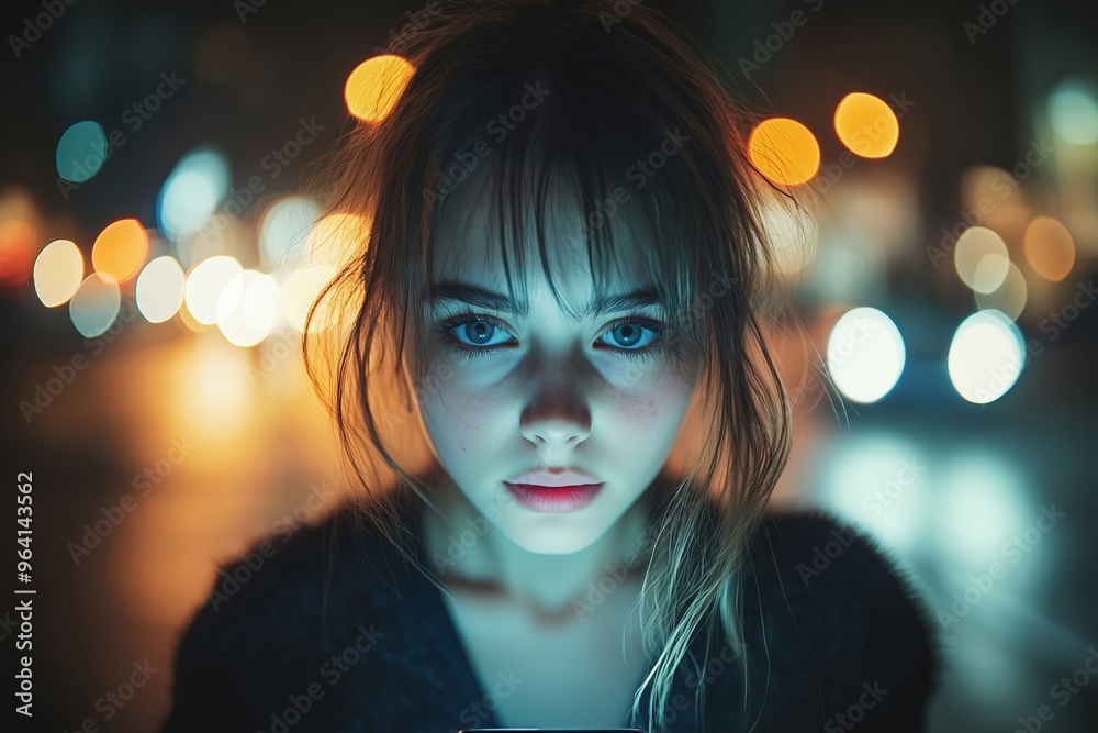 A young woman stands under soft city lights, her striking blue eyes focused on her phone as vibrant colors blur in the background, capturing a moment of solitude amid urban energy. A young woman stands under soft city lights, her striking blue eyes focused on her phone as vibrant colors blur in the background, capturing a moment of solitude amid urban energy.