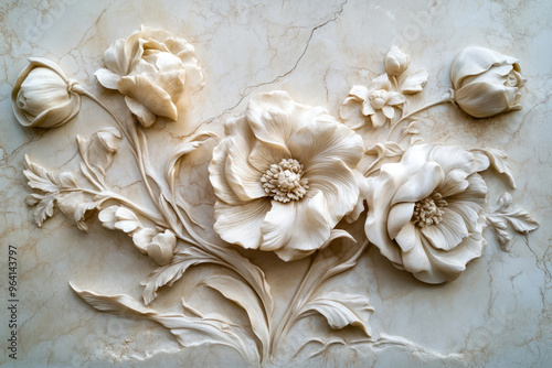 Beautiful relief sculpture of flowers on a marble wall, 