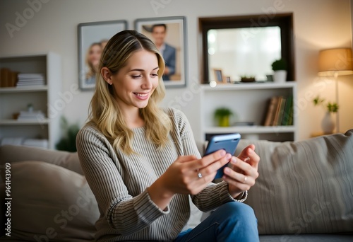 Woman looking at smartphone in living room