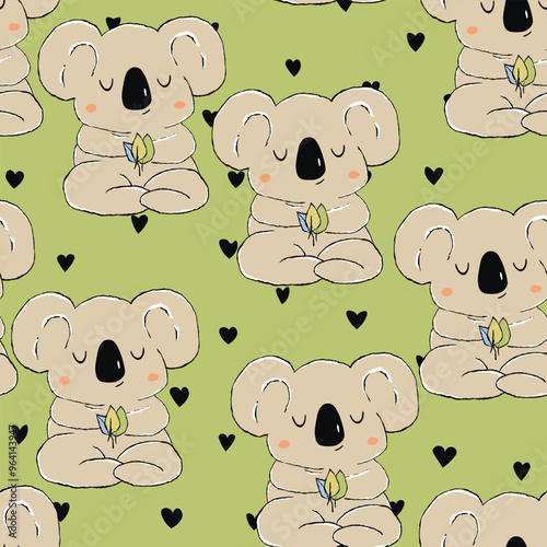 Seamless pattern with cute koala baby on color background. Funny australian animals. Card, postcards for kids. Flat vector illustration for fabric, textile, wallpaper, poster, paper