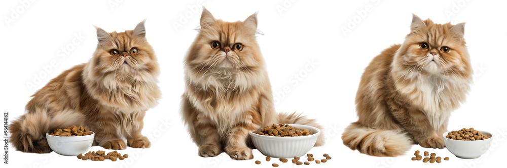 Collection set of elegant Persian cat with food isolated on a transparent background Collection set of elegant Persian cat with food isolated on a transparent background