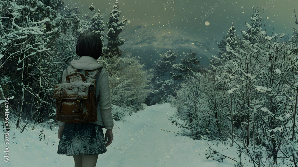 A Japanese girl with short black hair walks through a snowy forest at dusk A Japanese girl with short black hair walks through a snowy forest at dusk