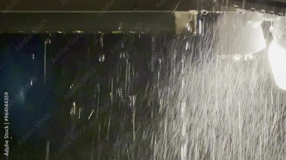 Rain falling under a bright outdoor light during nighttime, highlighting raindrops and water streams illuminated against a dark backdrop in a dramatic rainy scene