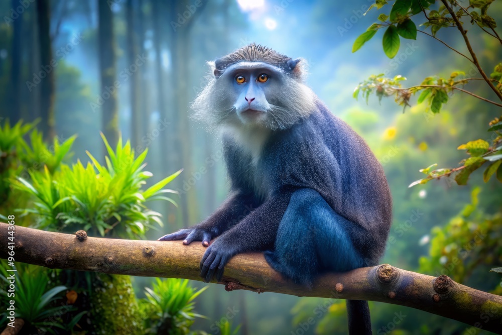 Obraz premium A majestic blue monkey with shimmering iridescent fur sits precariously on a branch, gazing out at a misty rainforest morning with quiet contemplation.