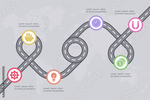 Global Journey Roadmap with Six Stages Represented by Icons on Curved Path