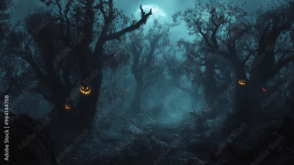 Halloween Night with Full Moon and Glowing Jack-o’-Lanterns - Perfect Background Wallpaper for a Spooky and Enchanted Forest Scene Halloween Night with Full Moon and Glowing Jack-o’-Lanterns - Perfect Background Wallpaper for a Spooky and Enchanted Forest Scene