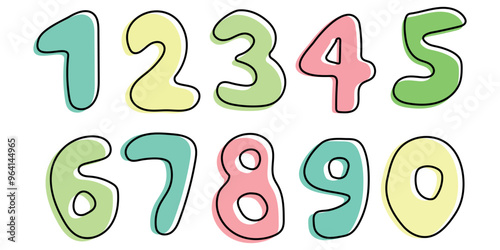 Kids colored cartoon number icon vector set, vector set of 1-9 digit baby icon isolated on white background.